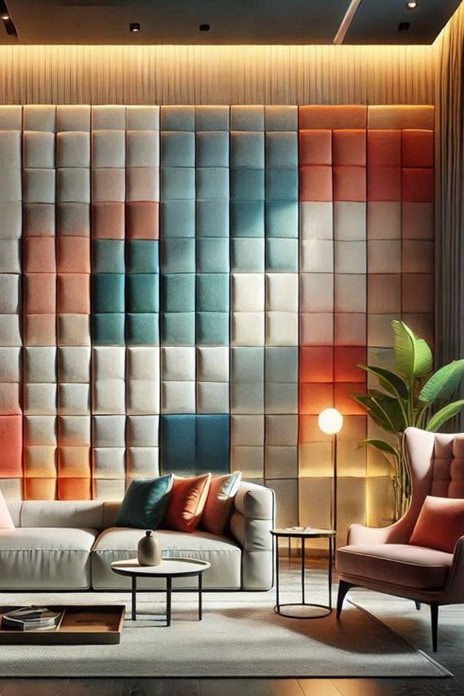 Sound absorbing interior with fabric wrapped walls and textured panels