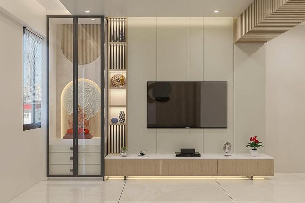 sleek glass door for mandir and tv unit