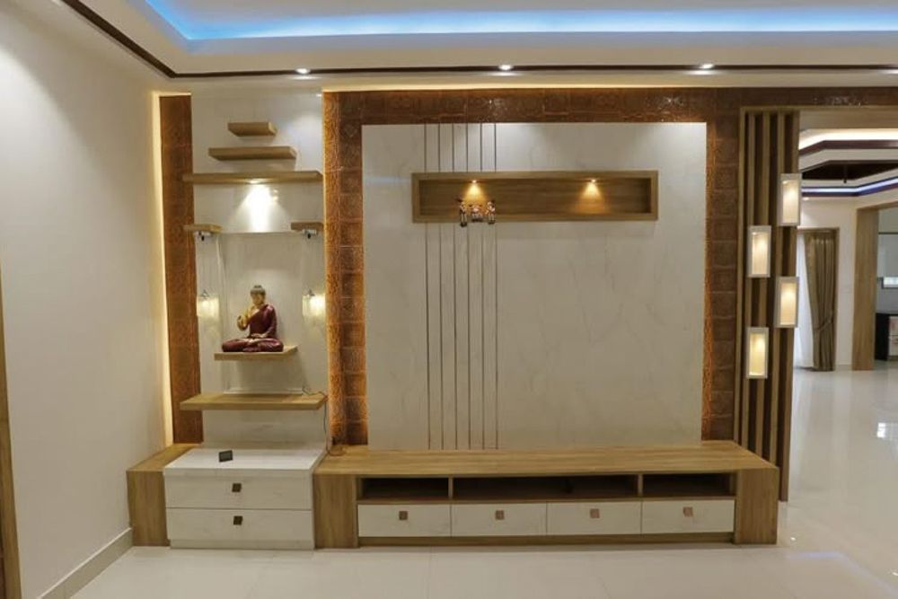 golden tv unit with mandir