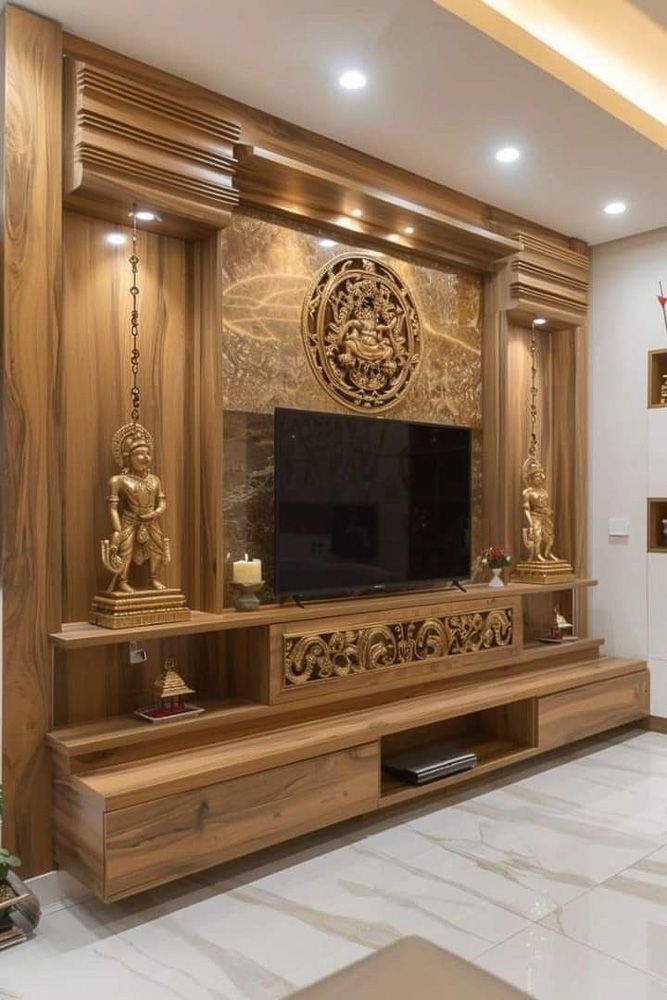 wooden carving tv unit with mandir