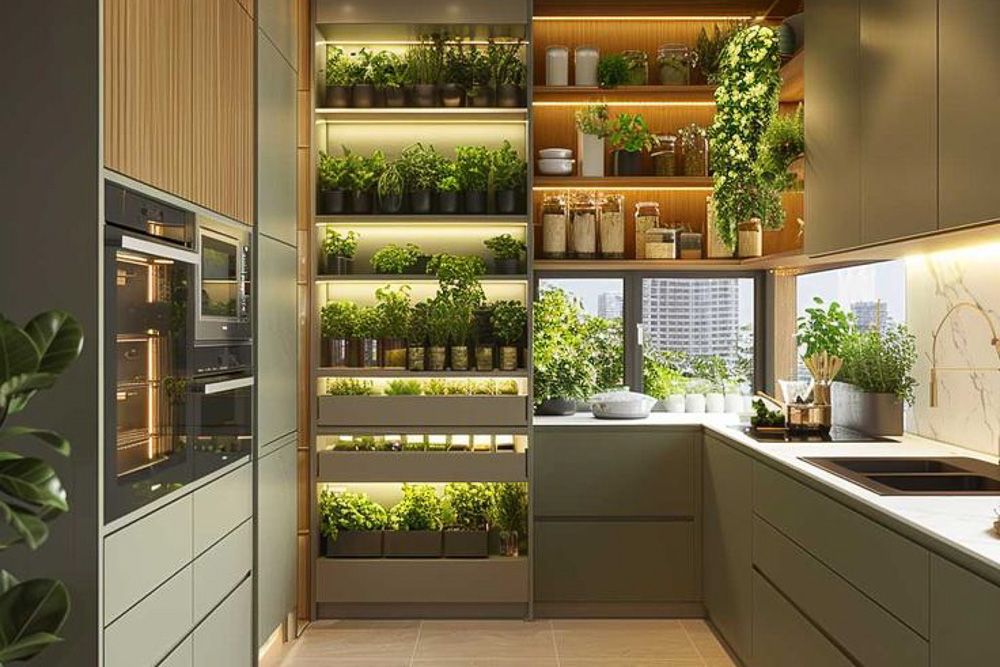 biophilic tall kitchen cabinet design