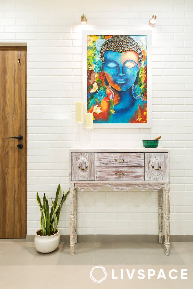 Scandinavian style console tables in entryway