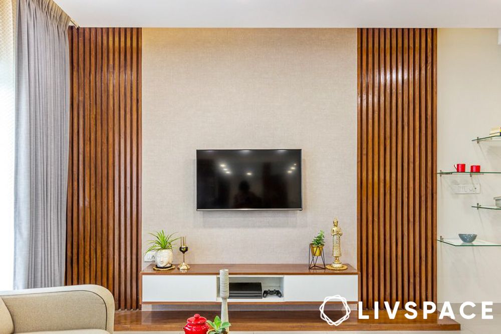 tv unit and living area in affordable home design