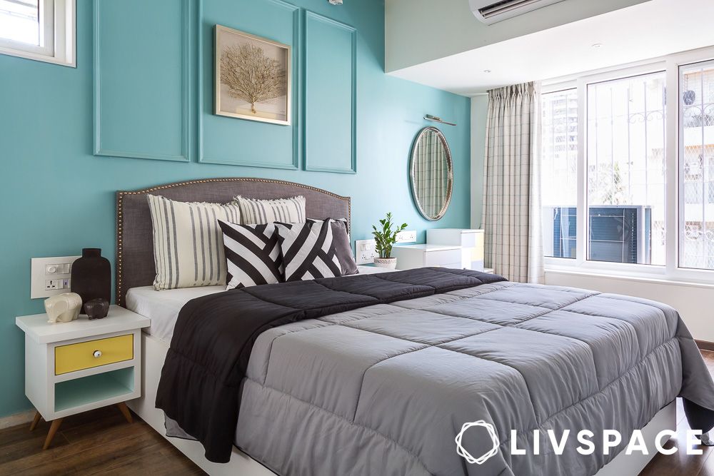 Muted sage walls Indian bedroom natural light