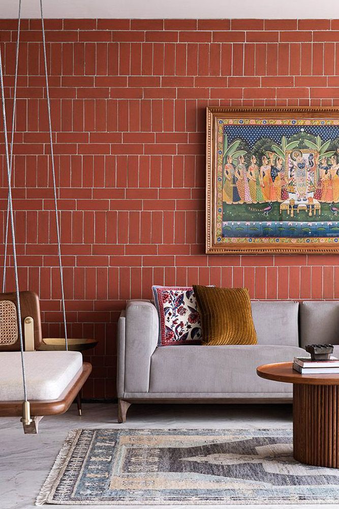 terracotta brick wall for indian traditional living room