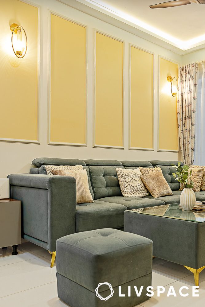 Modern Indian drawing room design by Livspace with modular furniture