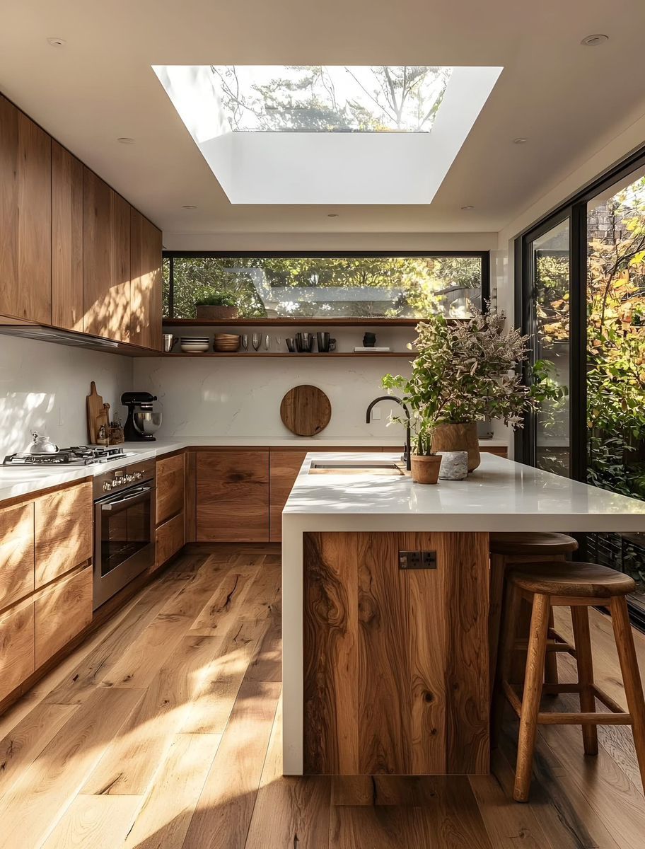 Wood and biophilic kitchen area design