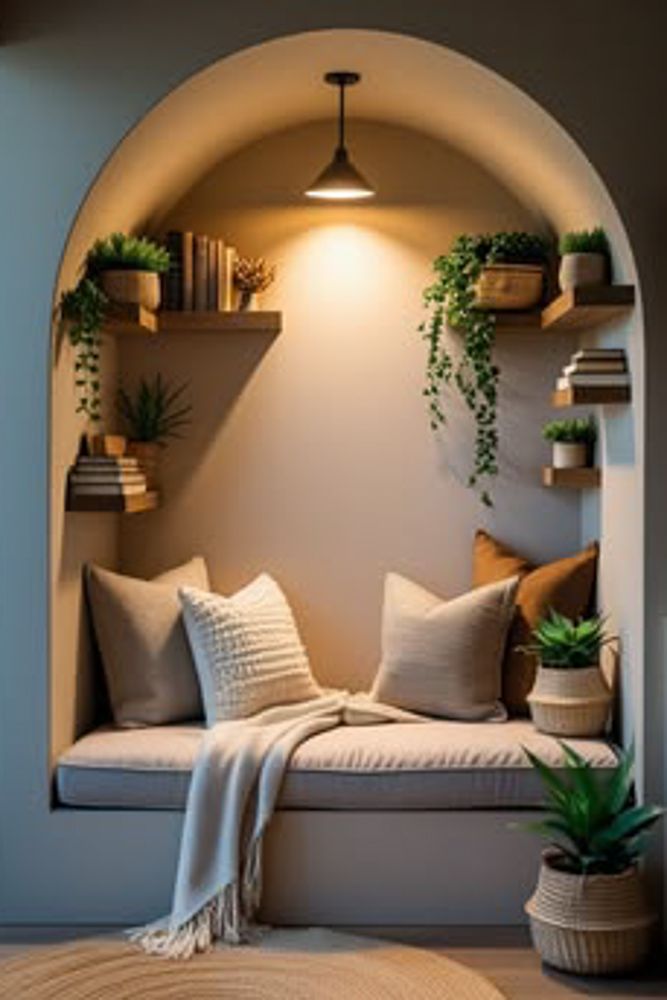Cozy Boho Reading Nook with Arched Wall Natural