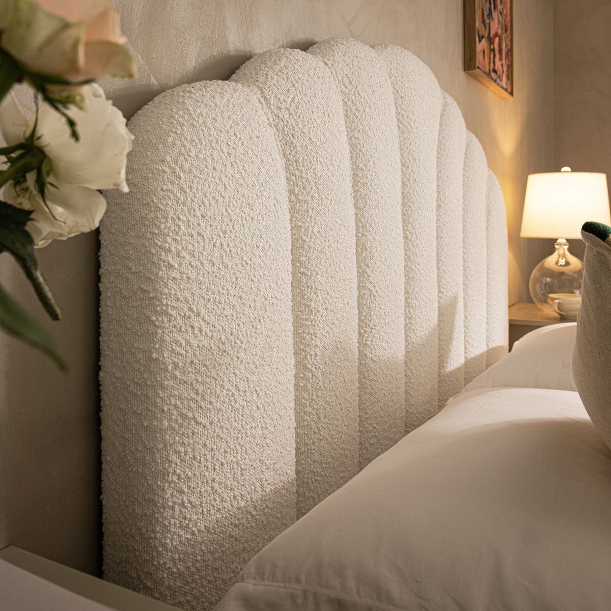 boucle headboard design for bedroom
