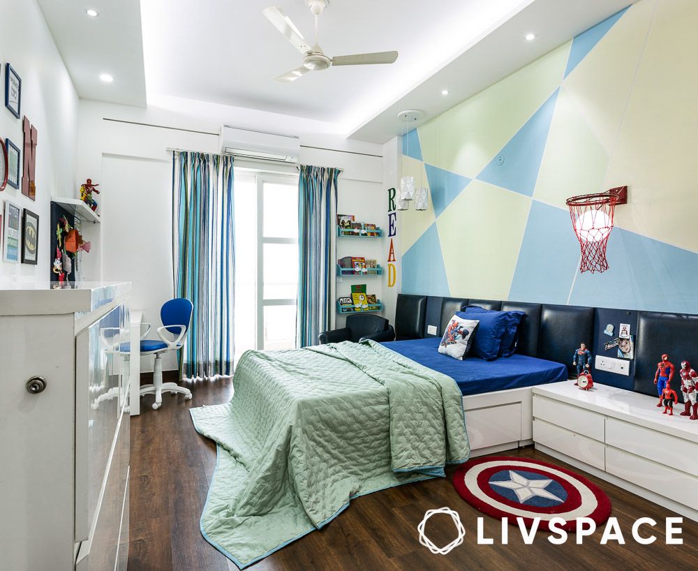 Wallpaper accent false ceiling design in a Mysore bedroom