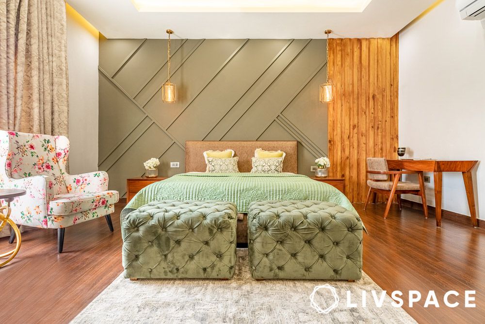 Fluted wood statement headboard panel in a bedroom