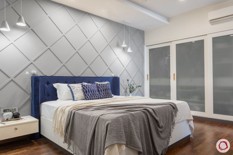 interior design styles-contemporary bedroom-pendant lights-blue headboard-grey accent wall