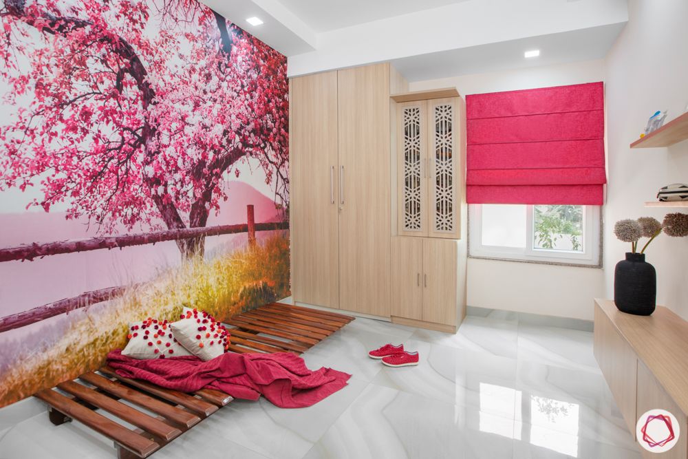 Interior design styles-cherry blossom wallpaper-wooden wardrobe