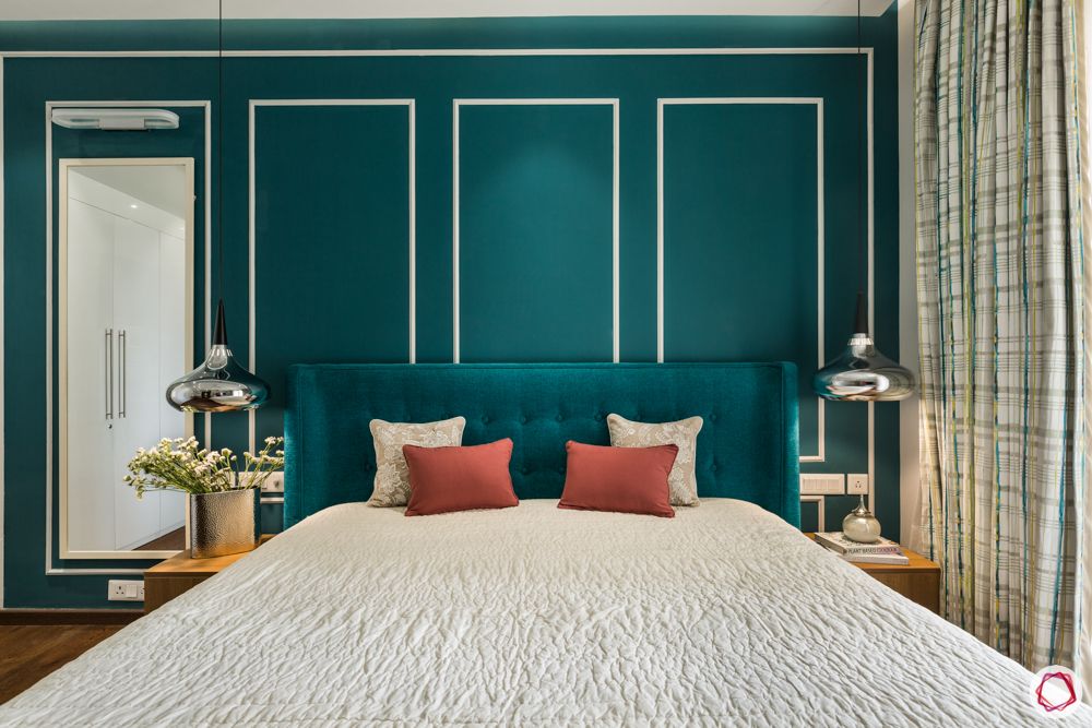 interior design styles-teal bedroom-teal headboard-side tables-pendant lights