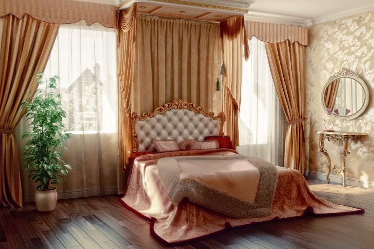 window treatment ideas-golden-layers-window-bed-mirror-wooden-floor