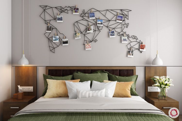 room-decor-world-map-wall-bed-sidetables-flowers