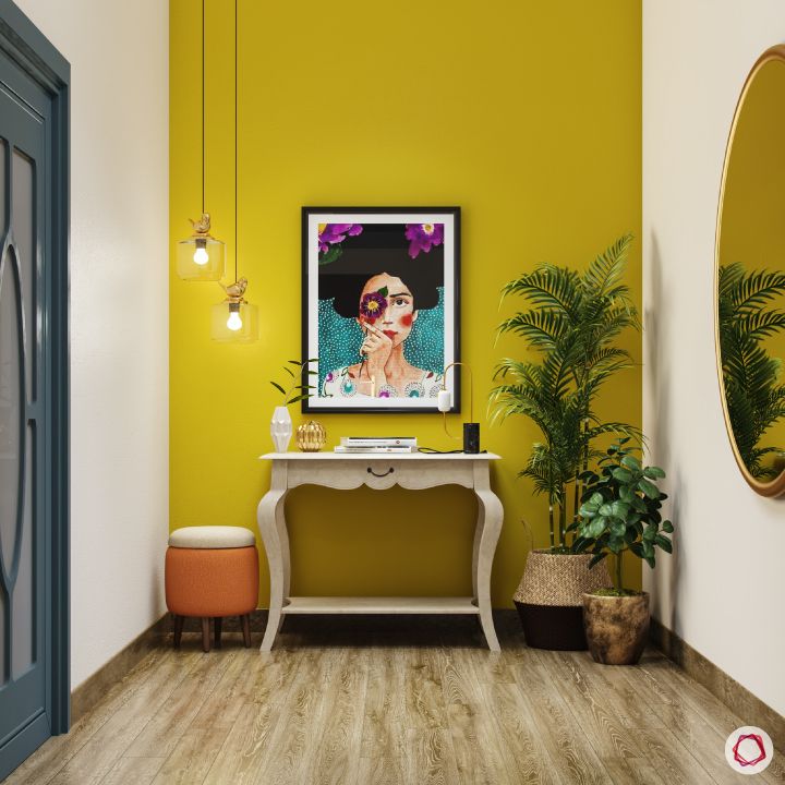 passage design ideas-yellow wall designs-white console designs