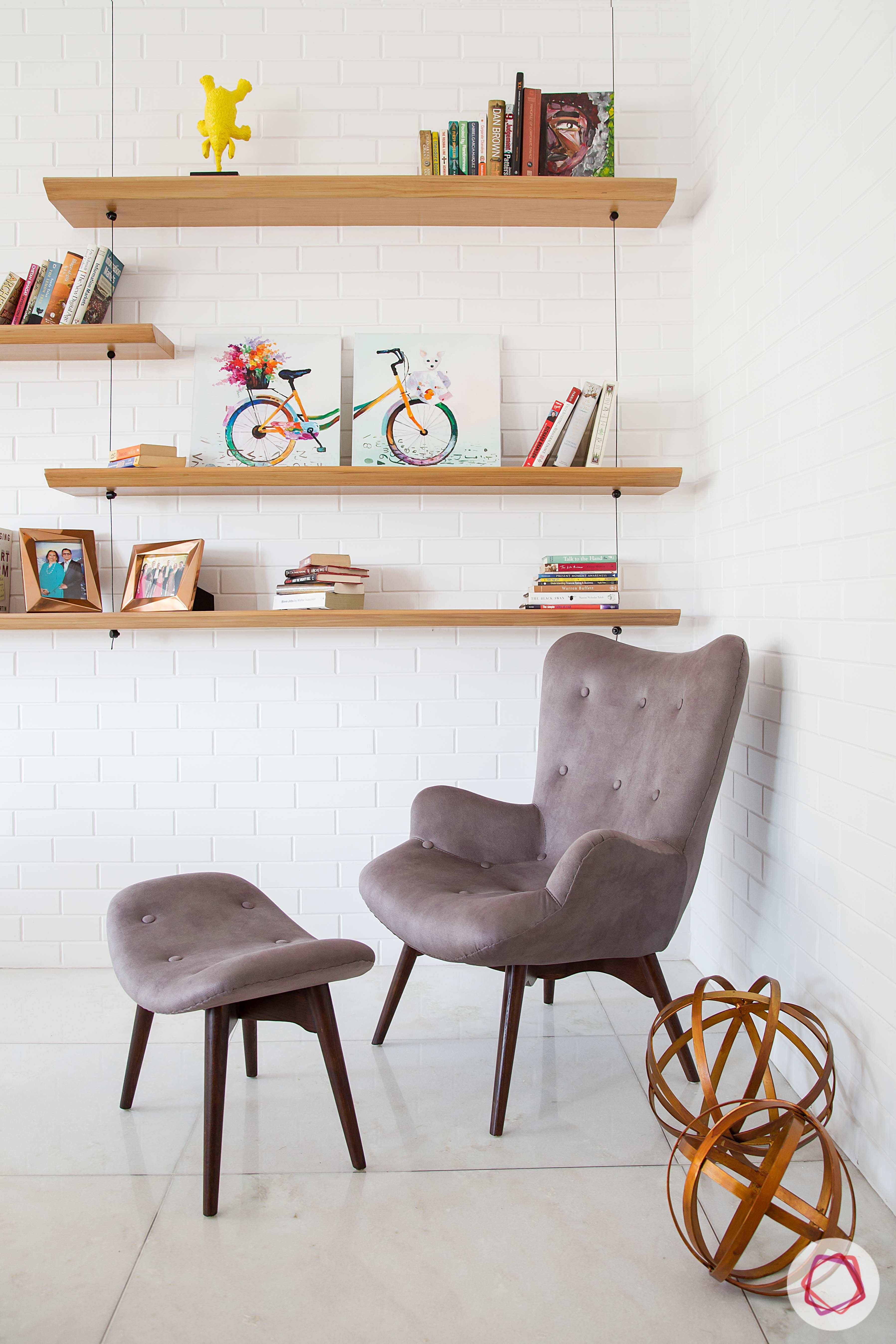 scandinavian interior design-wall shelves-corner chair