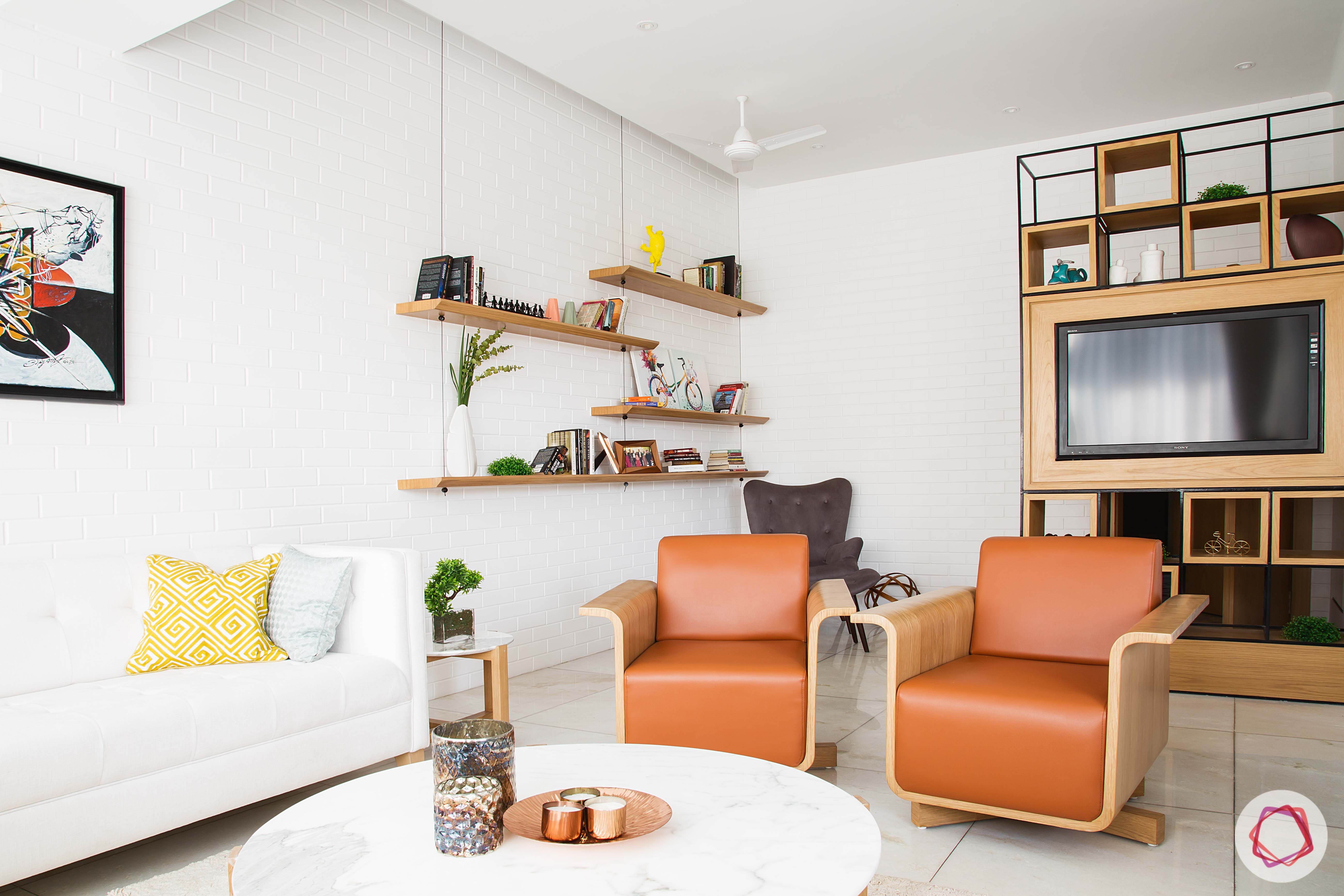 scandinavian interior design-wooden tv unit-wooden wall shelves-upholstered furniture