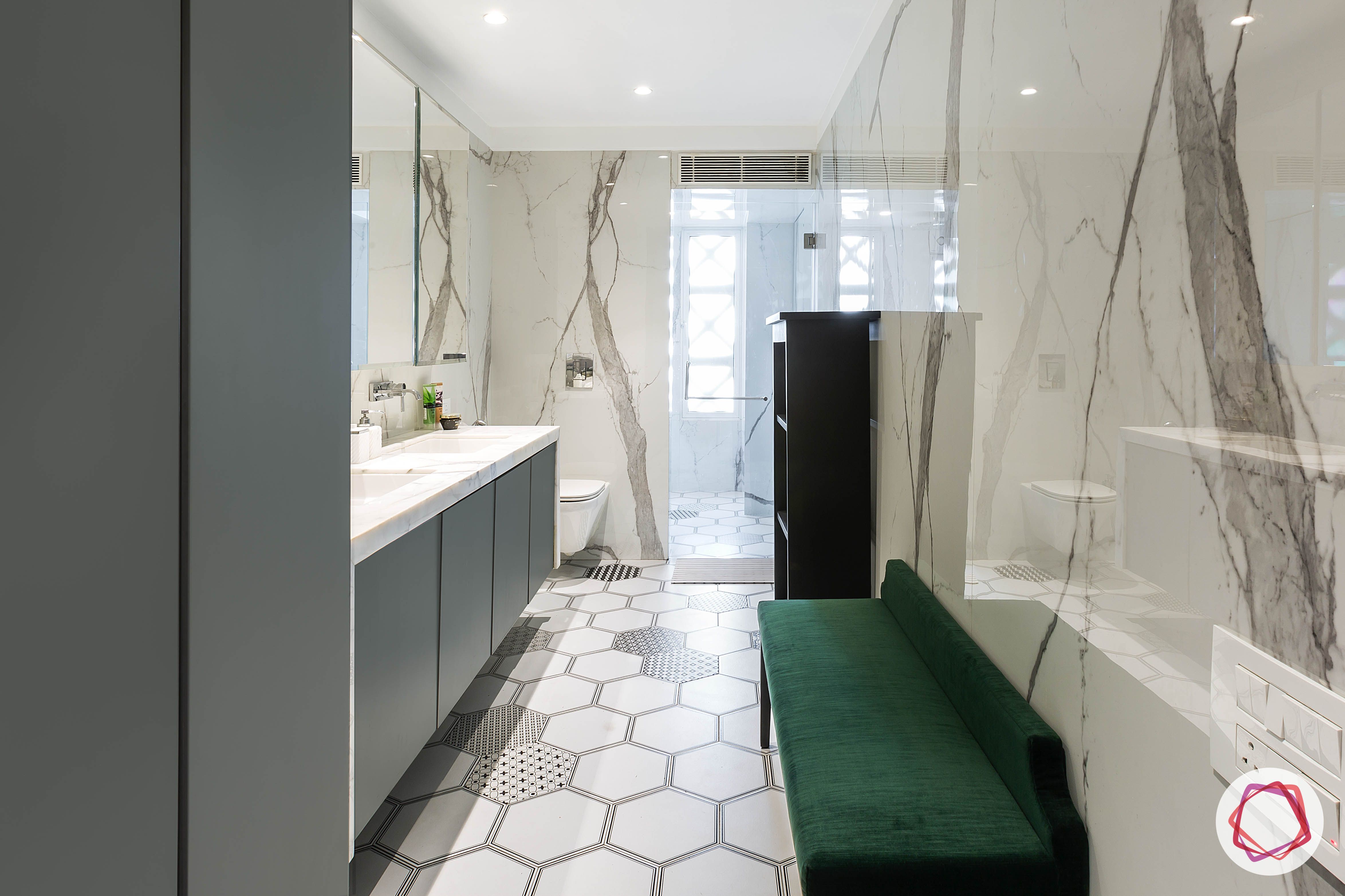 condo-interior design-bathroom-grey-green-bench-designs
