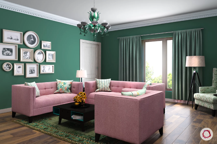 natural lighting at home-green walls-pink sofa-printed arm chair