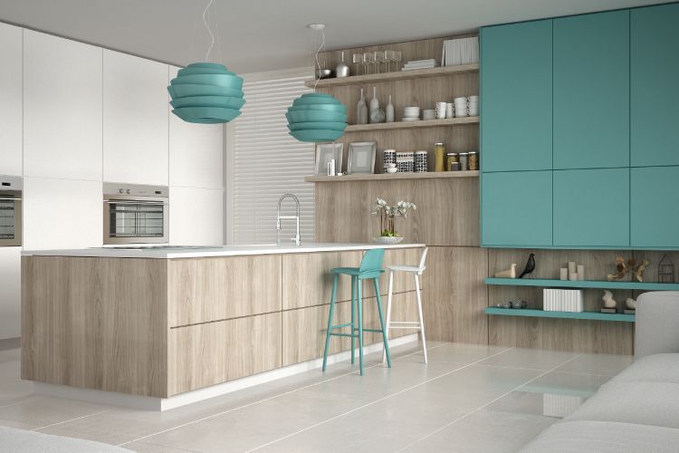 minimalist vs scandinavian design-green cabinets-kitchen designs-island kitchen