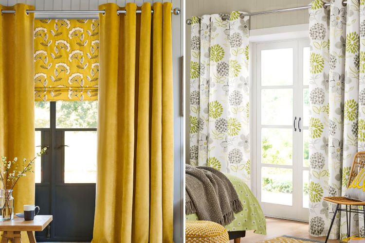 yellow blinds-white and green curtains-yellow curtains-balcony door