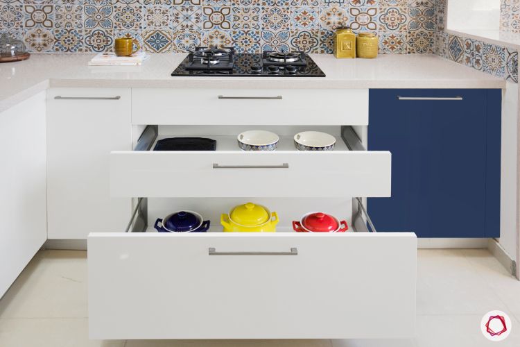 open kitchen design-base cabinets-moroccan backsplash-utensils-storage designs