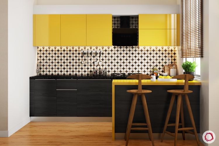 bright colours-yellow wall cabinets-black base cabinets-breakfast counter-wooden bar counter chairs-yellow breakfast counter