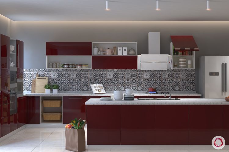 open kitchen design-red modular kitchen-baskets-golden triangle-patterned backsplash