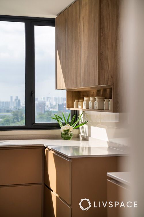 Condo renovation kitchen shelves full height cabinets