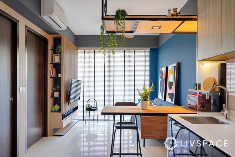 Studio-apartment-design-living-room-kitchenette-study-customised-dining-counter-bookshelves-display-cabinet-TV-console-scandi-decor