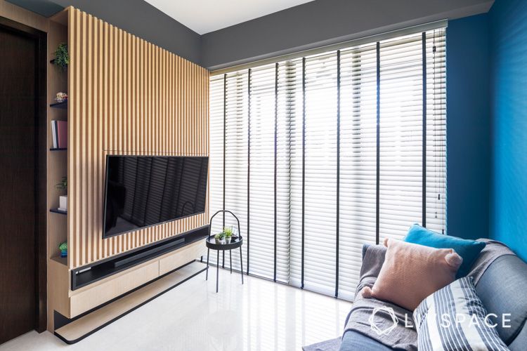 Living-room-TV console-for-studio-condo-design-wooden-slats-battens-for-Scandi-look-cushions-sofa-set