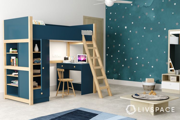 bedroom-from-kids-to-teenagers-green-wallpaper-bunk-bed-study-area-lighting