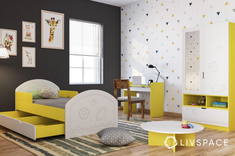 bedroom-for-boys-children-yellow-bed-play-table-study-table-rug-cushions