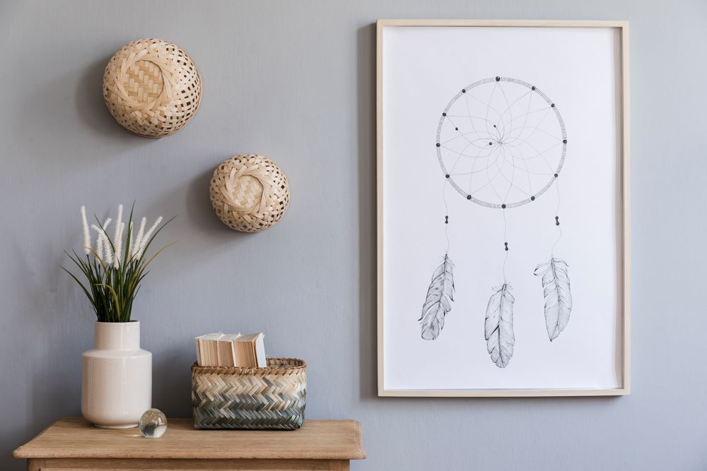 wall decor-baskets on wall-grey wall