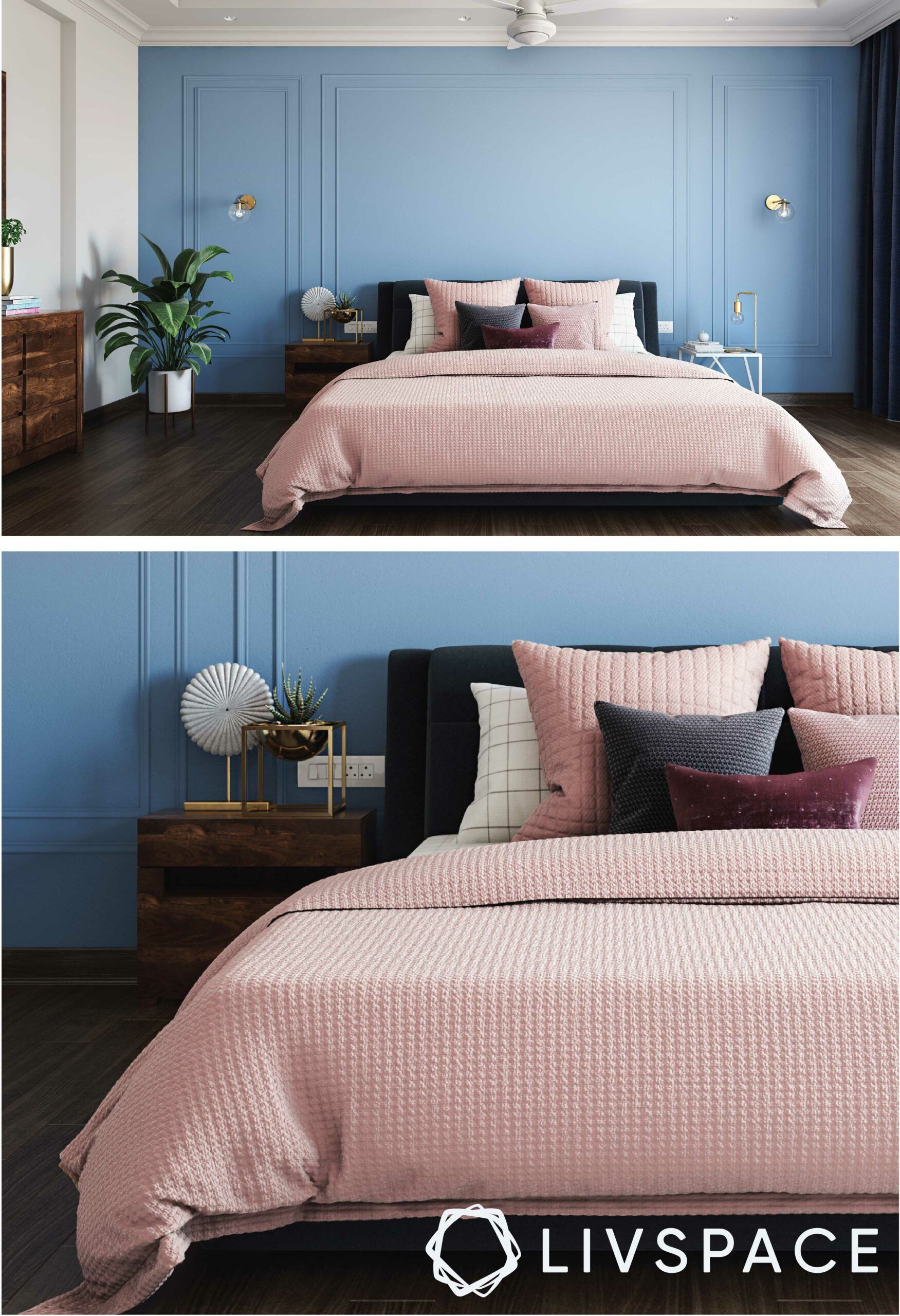 bedroom-design-blue-wall-pink-blanket