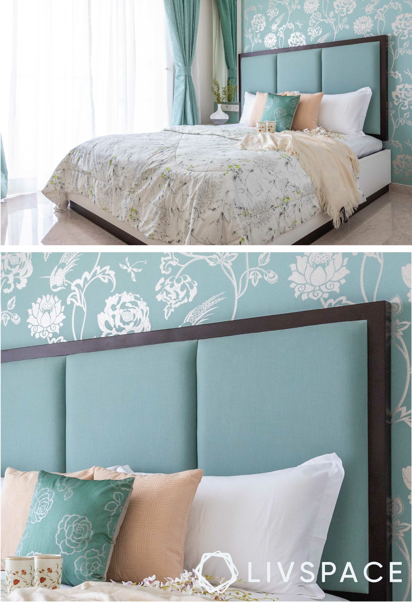 bedroom-design-pastel-wallpaper-minty-green-headboard