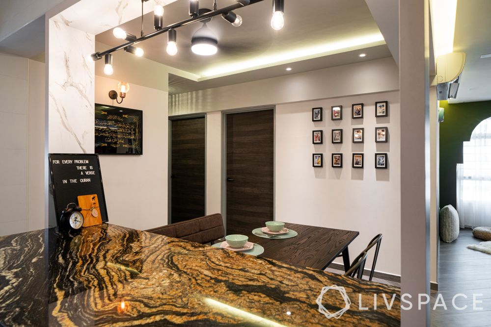 hdb 5 room design-kitchen island-dining table-gallery wall
