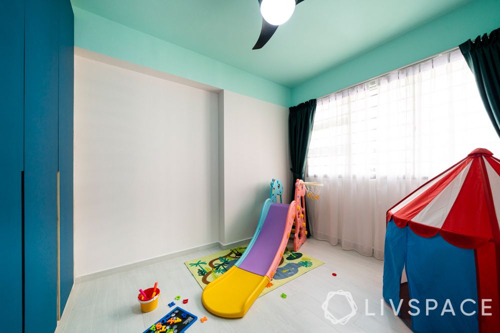 Kids room-blue laminate cupboard-slide-blue ceiling-tent