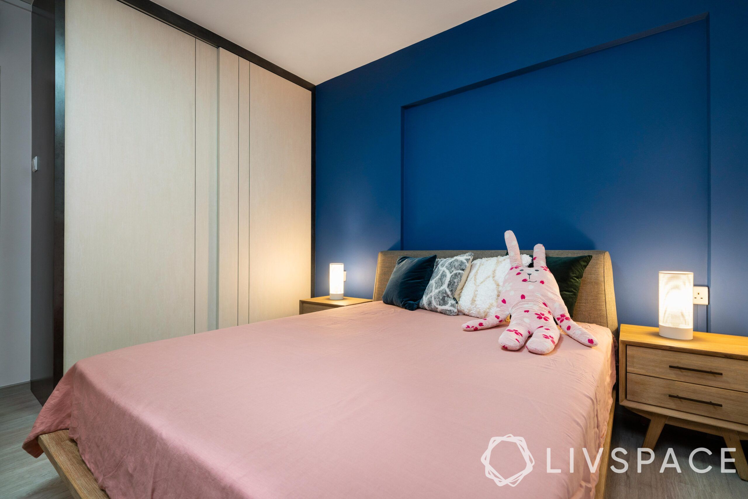 hdb interior design singapore-sliding wardrobe-blue wall-wooden bed