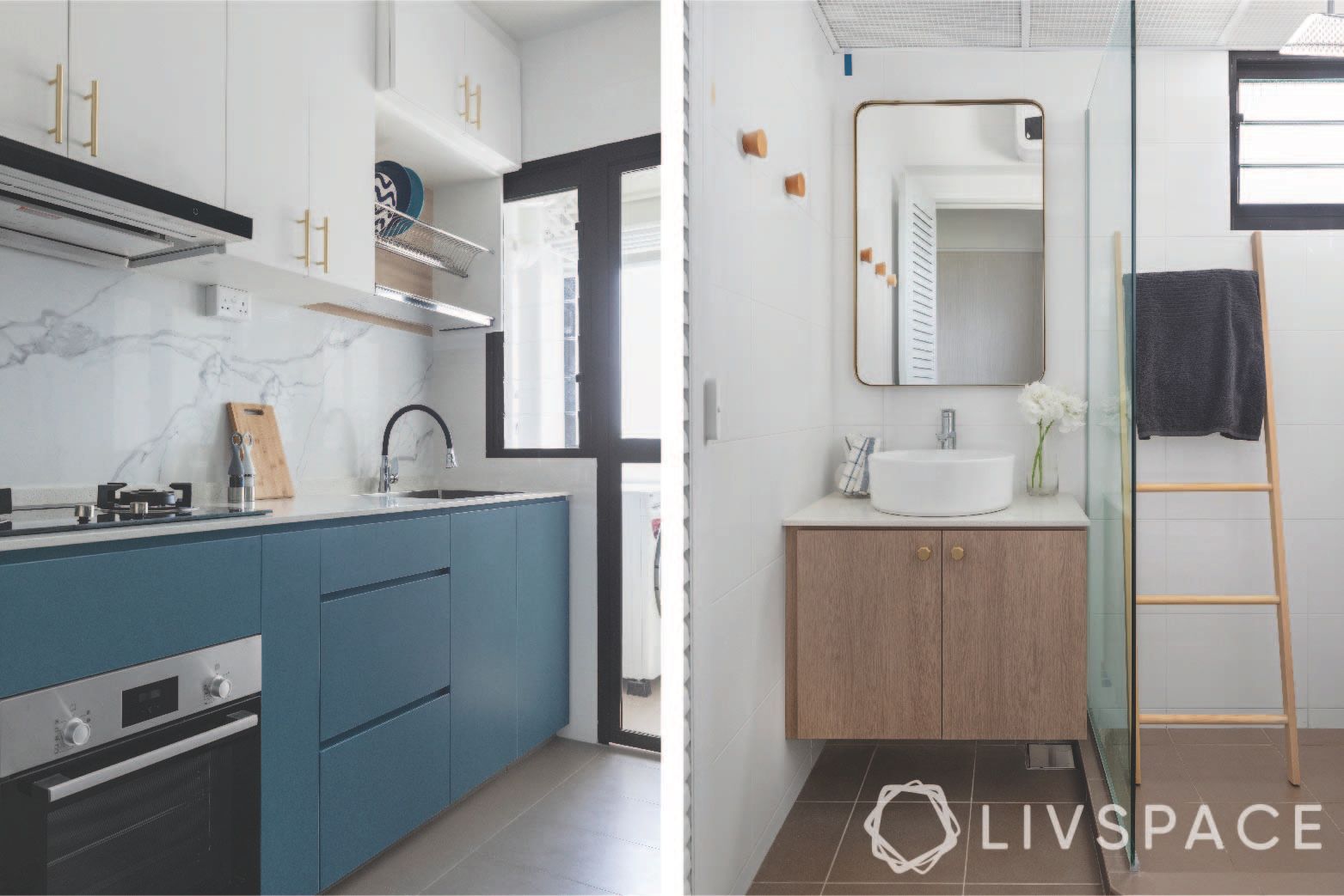 home renovation-blue kitchen cabinets-bathroom mirrors-ladder-shower divider