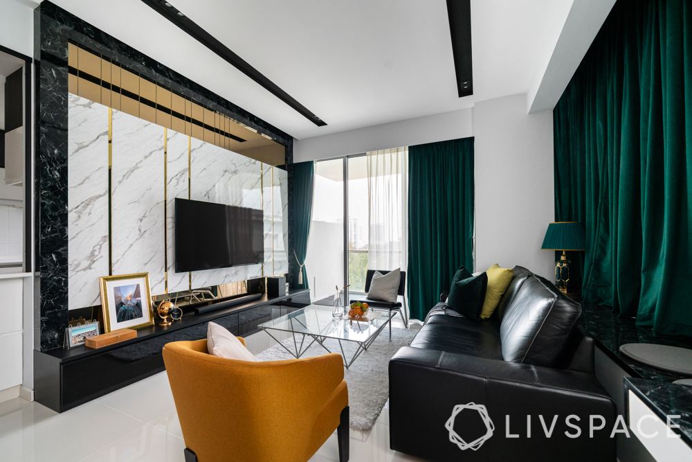 condominium singapore-living room-marble finish laminate-dark green curtains