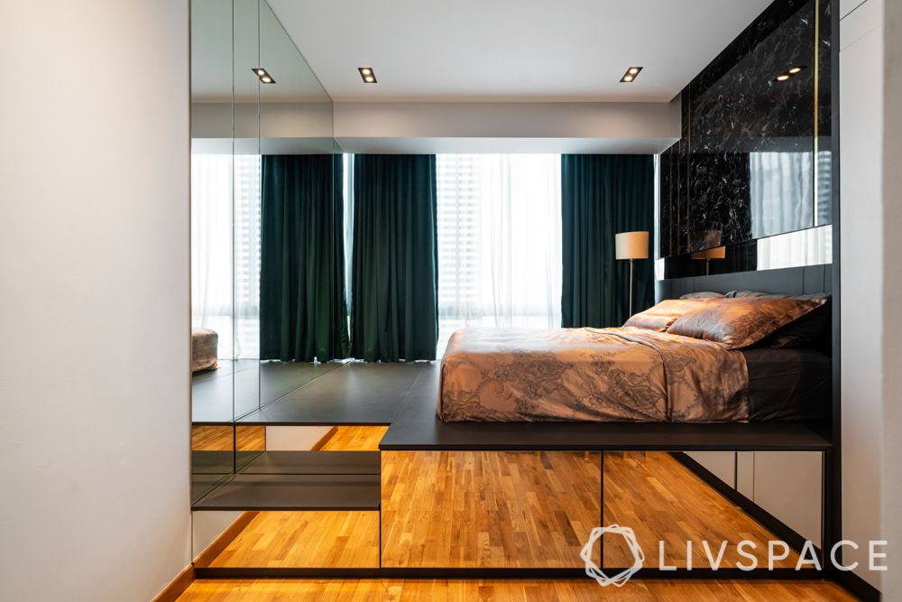 bedroom ideas-green curtains-platform bed-mirrors