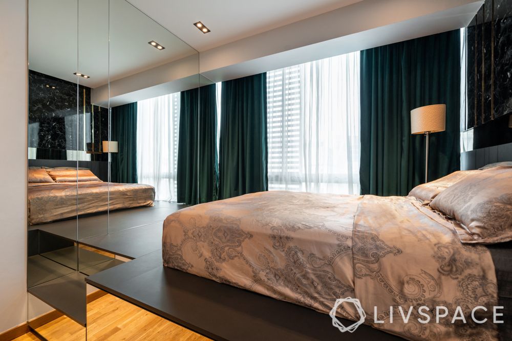condominium singapore-bedroom design-mirror panelling-floor lamp-wooden flooring