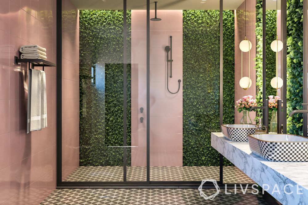 bathroom design-shower panel-glass-artificial turf