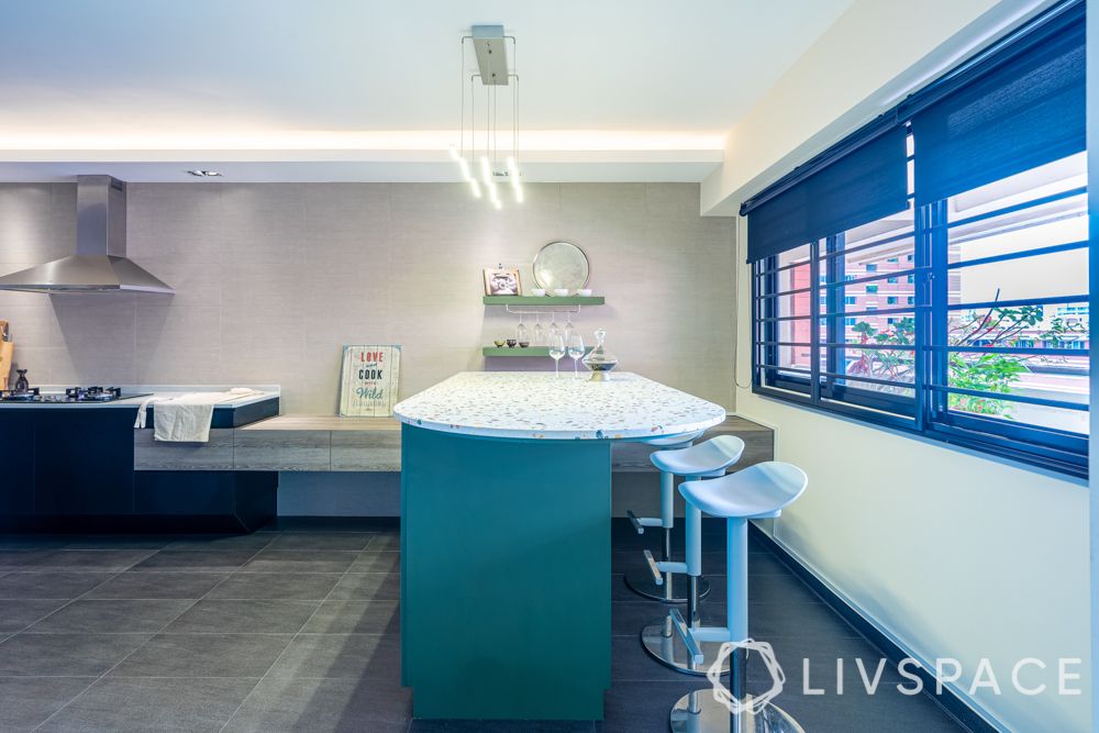 hdb house-kitchen-blue bar unit-terrazzo countertop-L-shaped kitchen-open layout-leaf backsplash