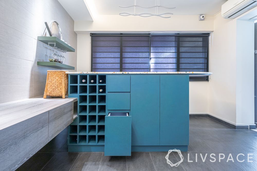hdb house-kitchen-blue bar unit-terrazzo countertop-L-shaped kitchen-open layout-leaf backsplash 