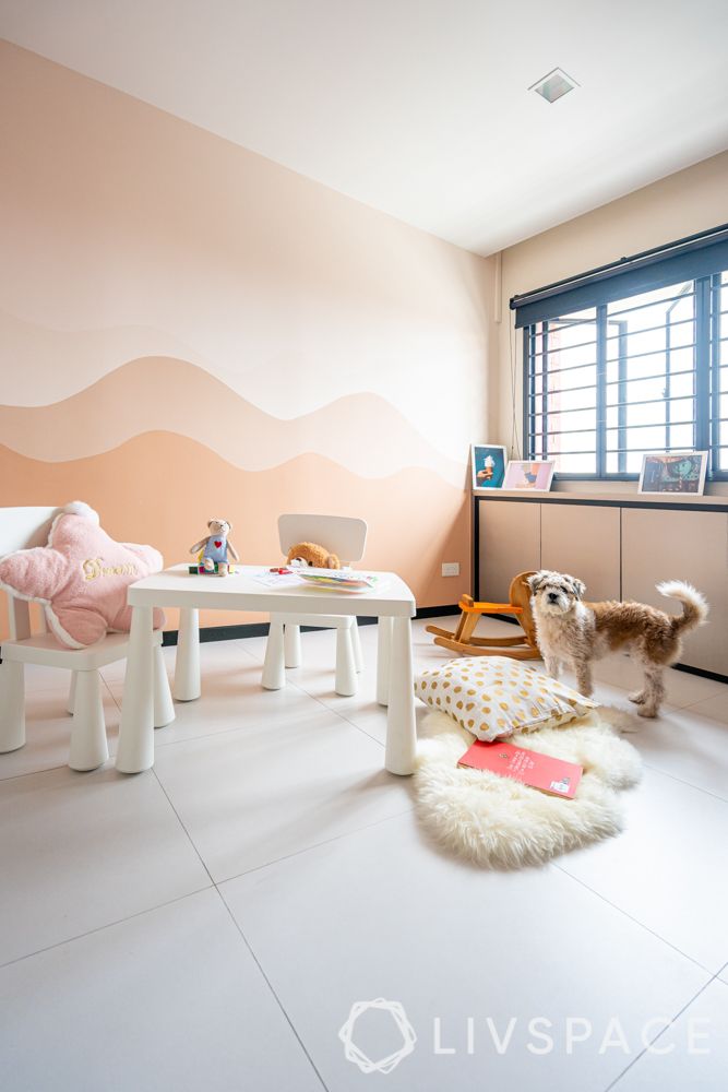 hdb house-kids room-white table-chair-pink painted walls-storage-hinged wardrobe 