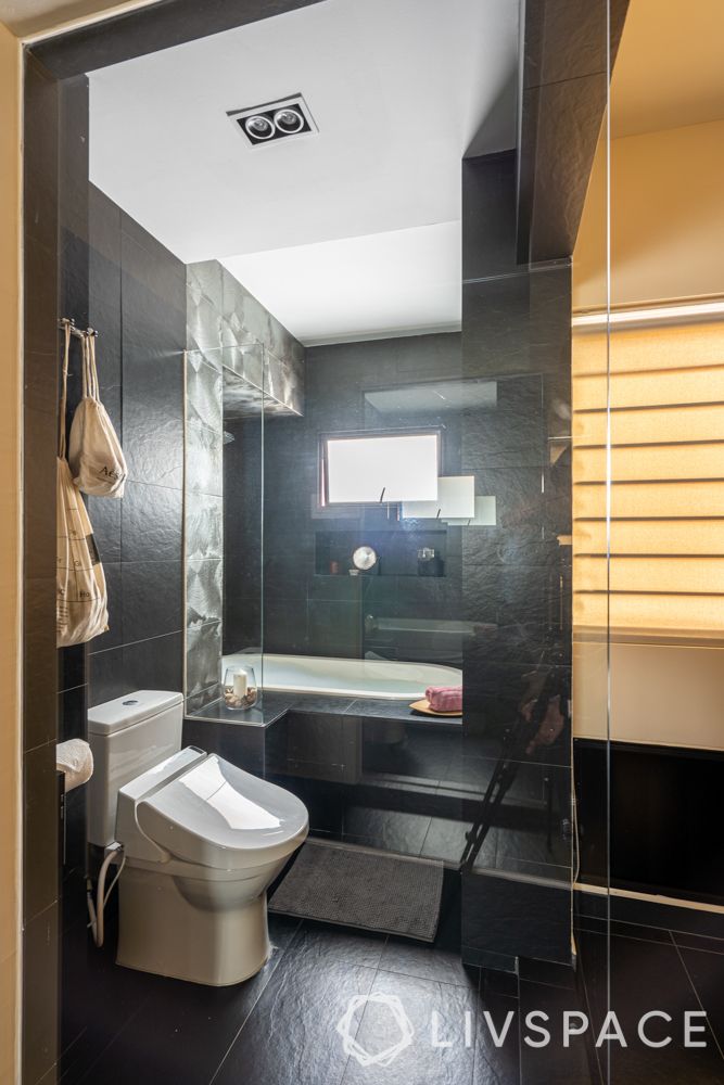 hdb house-bathroom-black tiles-glass zone-tub